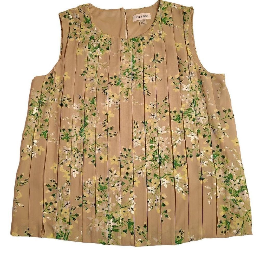 NEW Calvin Klein Womens Sleeveless Floral Print Pleated Blouse Medium